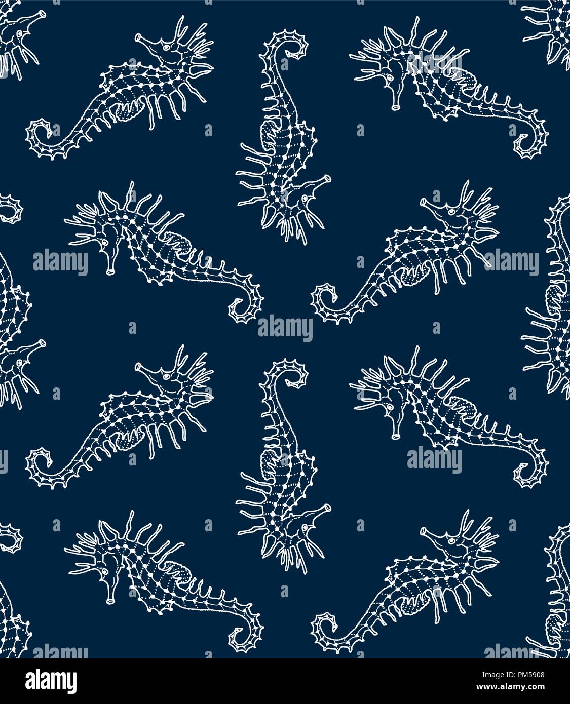 Vector seamless pattern of white seahorse stencil on blue background ...