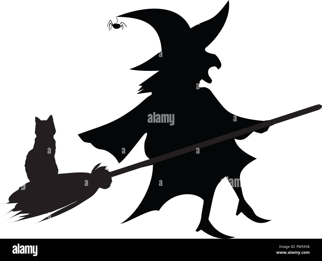 Black silhouette of witch in hat and costume flying on broom with cat isolated on white background. Halloween party vector illustration, icon, retro v Stock Vector