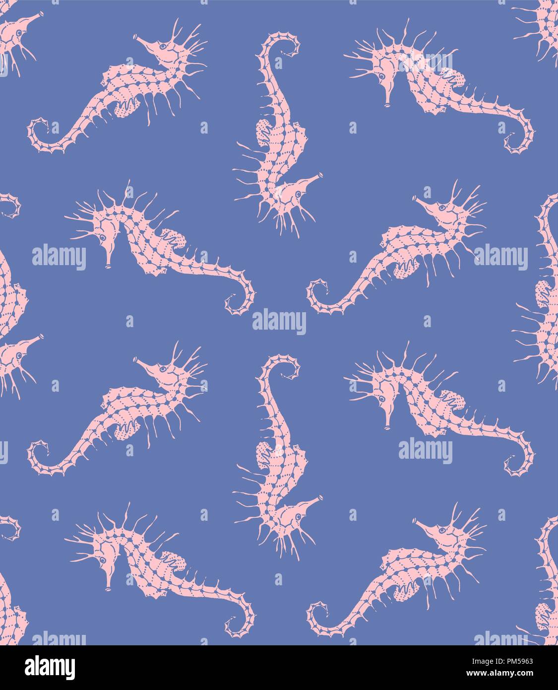 Vector seamless pattern of pink seahorse stencil on blue background ...
