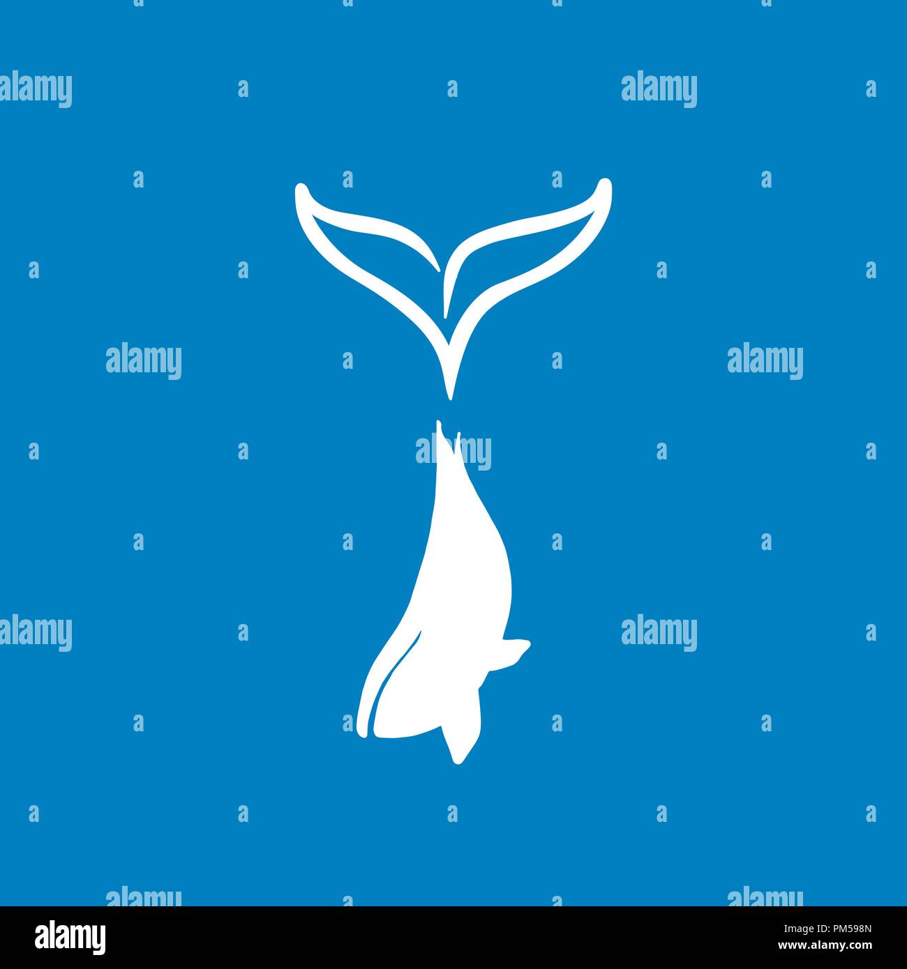 Vector illustration of blue whale silhouette with big tail logotype ...