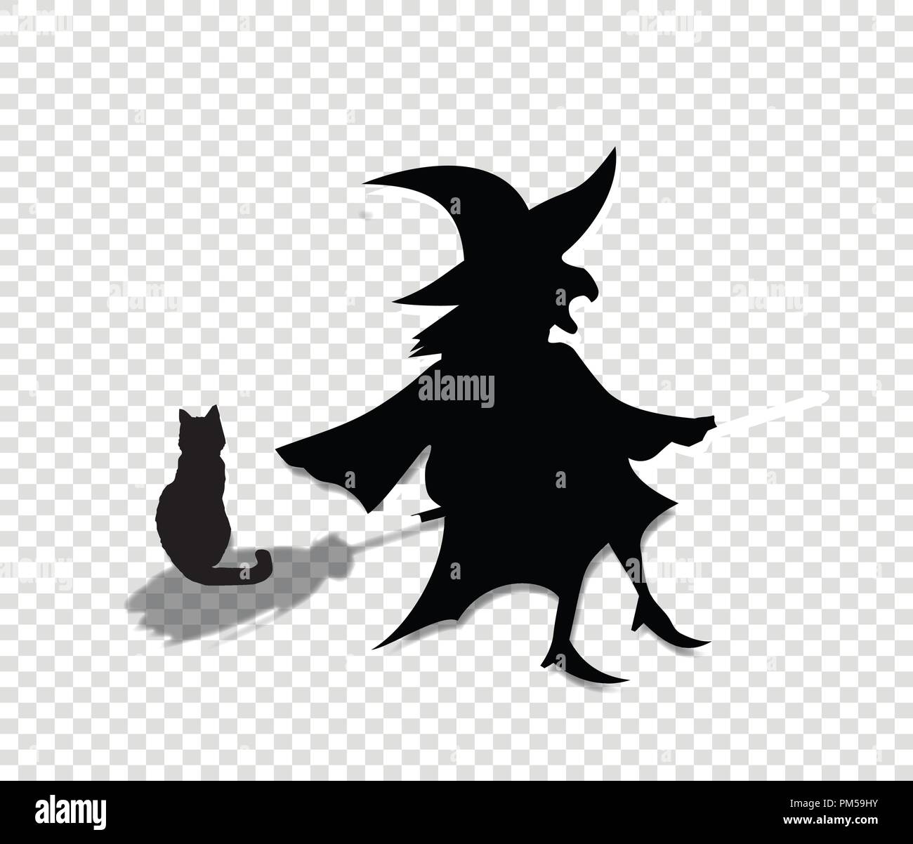 Black silhouette of witch in hat and costume fly on broom with cat isolated on transparent background. Halloween party vector illustration, icon, retr Stock Vector