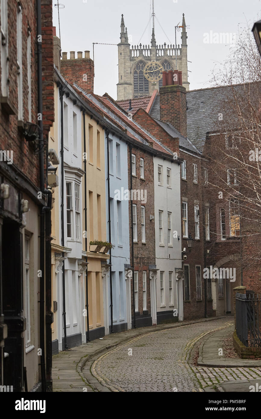 Prince Street, Kingston upon Hull, Humberside, East Riding of Yorkshire, & Holy Trinity Church (Minster) clocktower, UK. Stock Photo