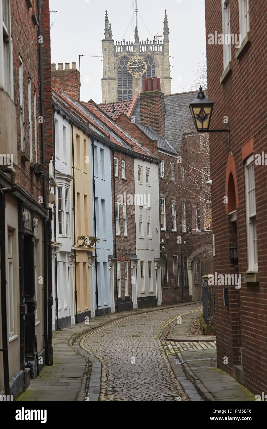 Prince Street, Kingston upon Hull, Humberside, East Riding of Yorkshire, & Holy Trinity Church (Minster) clocktower, UK. Stock Photo