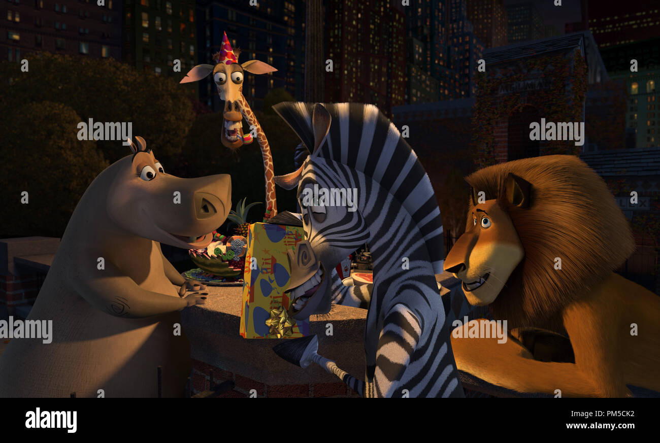 Film Still / Publicity Still from 'Madagascar'  Marty the Zebra, Gloria the Hippo, Melman the Giraffe, Alex the Lion © 2005 Dream Works  Photo courtesy Dream Works Animation SKG    File Reference # 307361110THA  For Editorial Use Only -  All Rights Reserved Stock Photo
