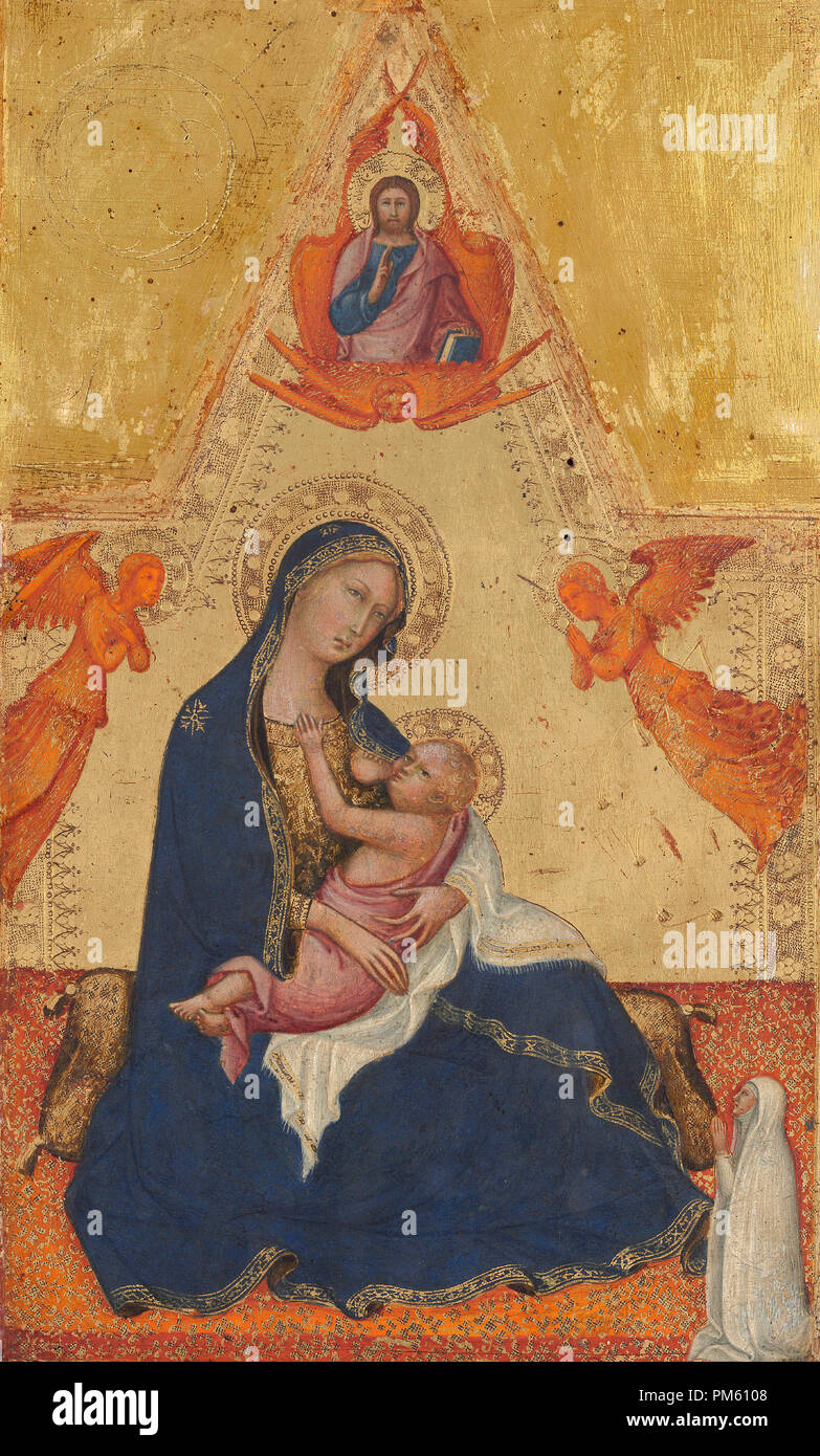 Madonna of Humility, The Blessing Christ, Two Angels, and a Donor [obverse]. Dated: c. 1380/1390. Dimensions: painted surface: 28.4 × 17 cm (11 3/16 × 6 11/16 in.)  overall: 30 × 18.6 × 0.8 cm (11 13/16 × 7 5/16 × 5/16 in.)  framed: 52.1 x 34.3 x 7.6 cm (20 1/2 x 13 1/2 x 3 in.). Medium: tempera on panel. Museum: National Gallery of Art, Washington DC. Author: ANDREA DI BARTOLO. Stock Photo