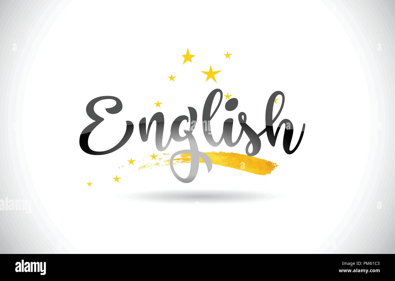 English Word Text with Golden Stars Trail and Handwritten Curved Font Vector Illustration. Stock Vector
