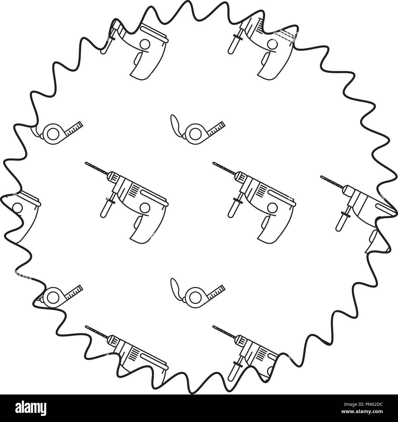 Drill and measure tape round label in black and white Stock Vector