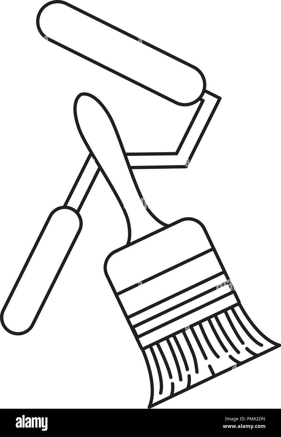 Paint brush and paint roll construction tools in black and white Stock
