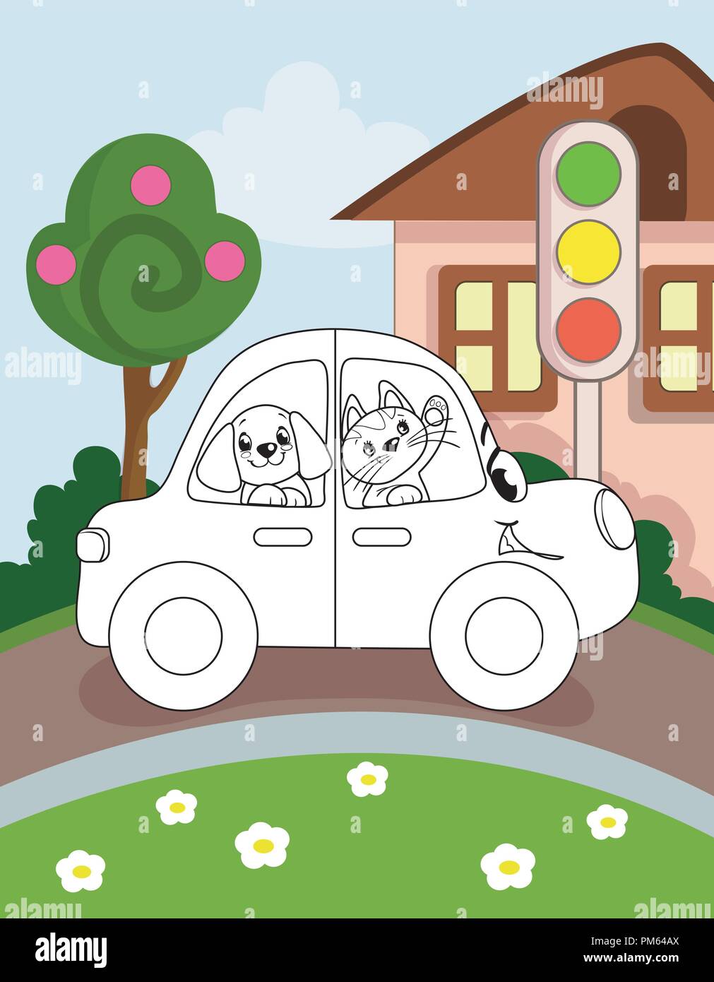Coloring book page for preschool children with colorful background and sketch car for coloring Stock Vector