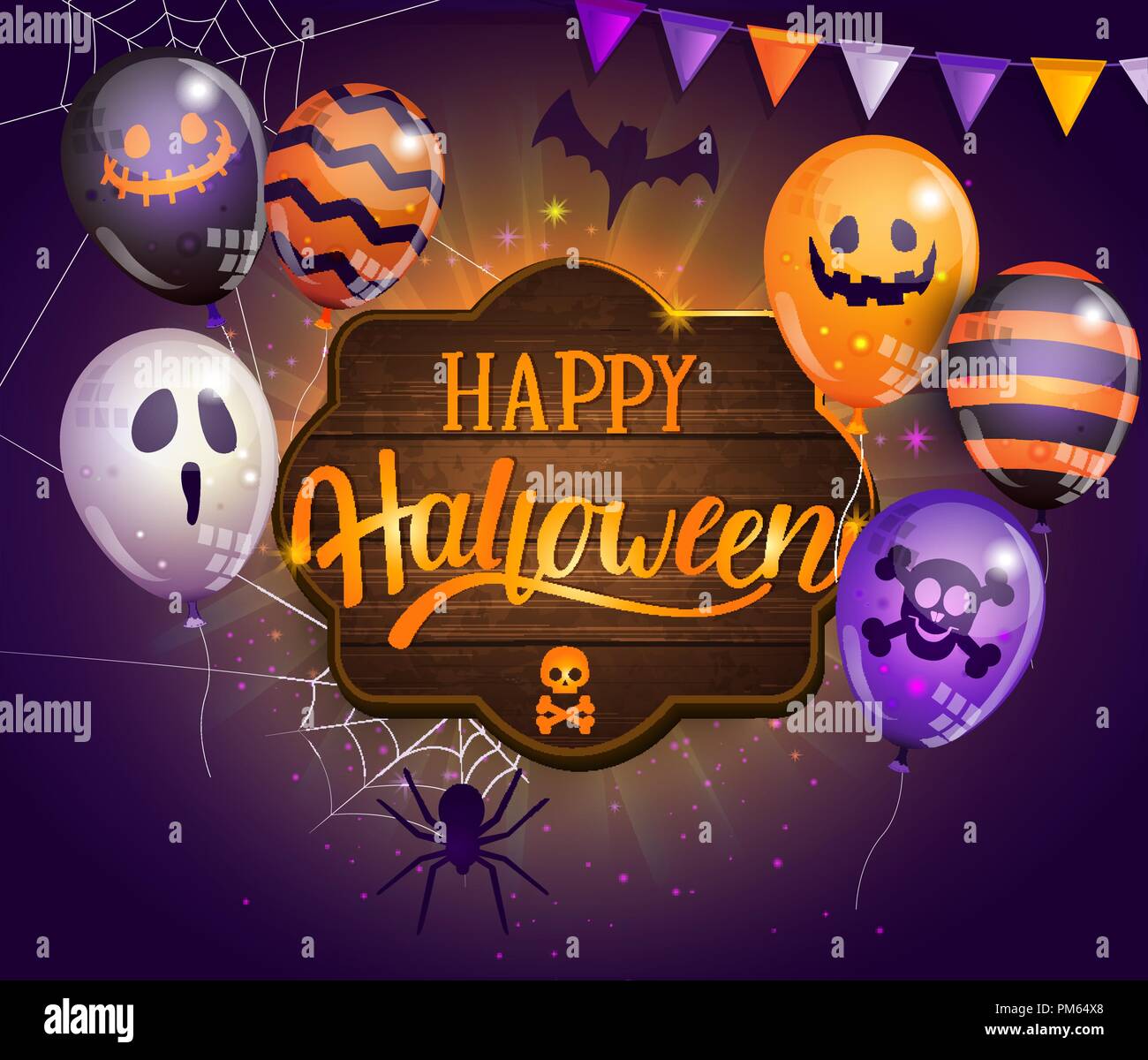Invitation card for Happy Halloween party on wooden board with monster balloons, spider, bat and lettering. Perfect for for web, posters, placards, flyers, banners, greetings. Vector illustration. Stock Vector