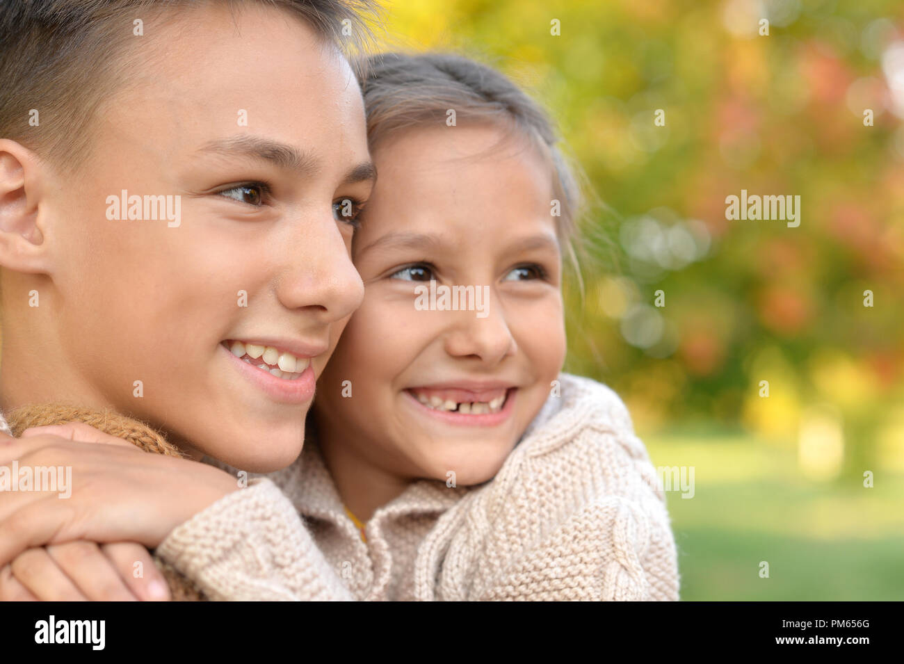 close up portrait of brother and sister hugging in autumnal park Stock ...