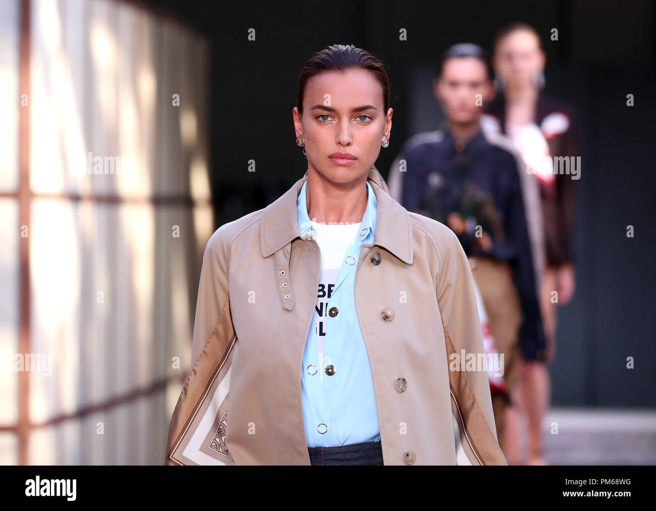 Model Irina Shayk on the catwalk during the Burberry London Fashion Week  SS19 show held at The South London Mail Centre Stock Photo - Alamy