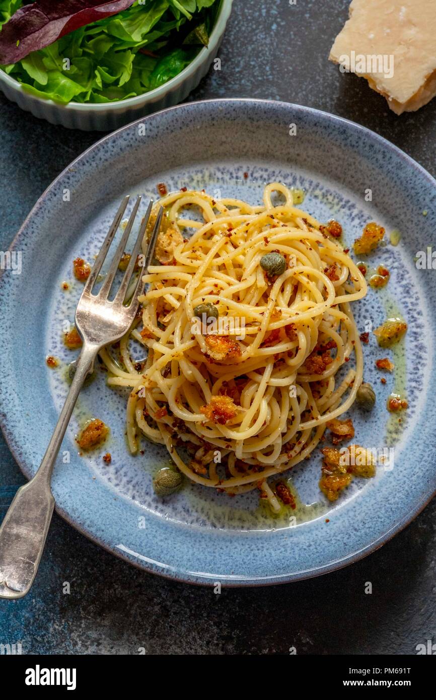 Spaghetti with Breadcrumbs and Capers Stock Photo Alamy