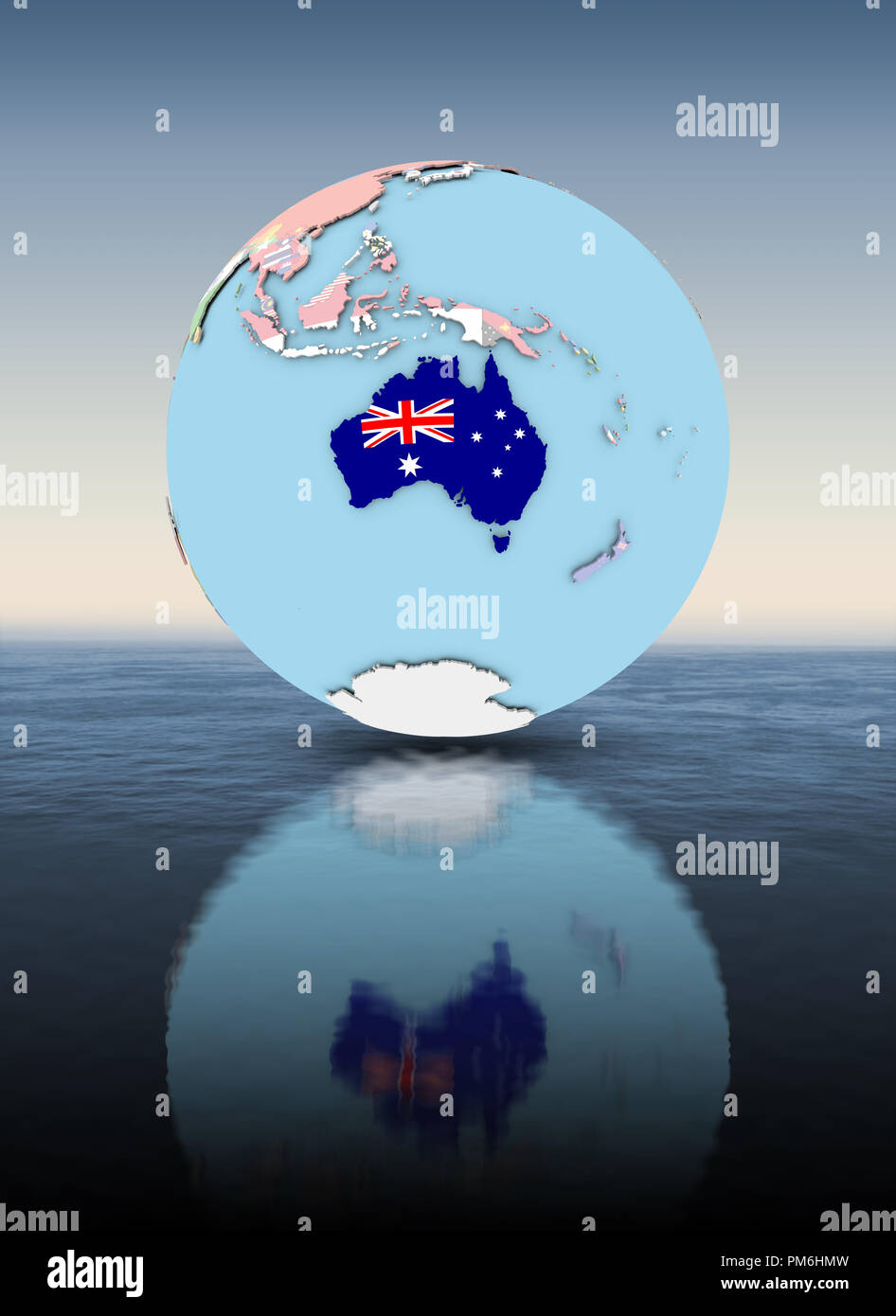 Australia On Political Globe With National Flags Floating Above Water australia-on-political-globe-with-national-flags-floating-above-water