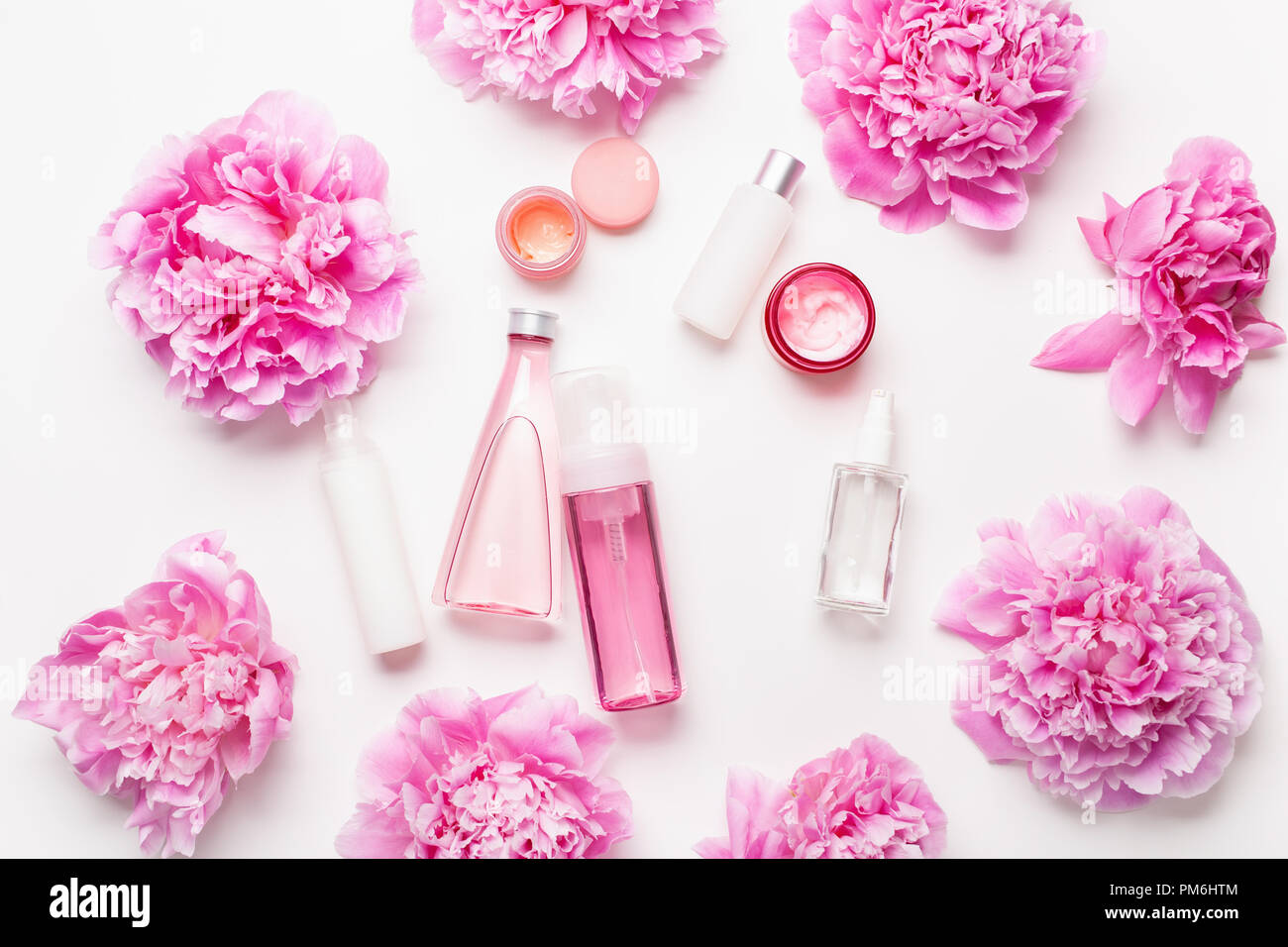 bath and spa flat lay, peony flowers skin care products Stock Photo Alamy