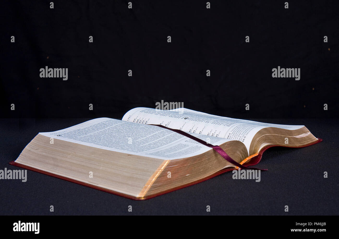 Bible opened up with worn gold on pages isolated on black background, Some images have red rose. Stock Photo