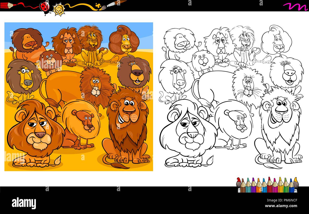 Cartoon Illustration of Lions Animal Characters Group Coloring Book Worksheet Stock Vector
