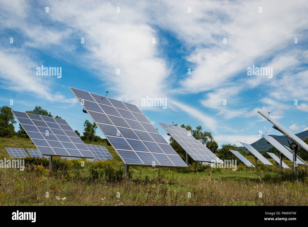 solar panel on sky background in an open field in the United States ...