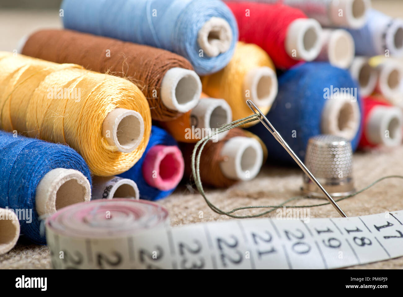 Sewing kit with tape measure in the workroom Stock Photo Alamy