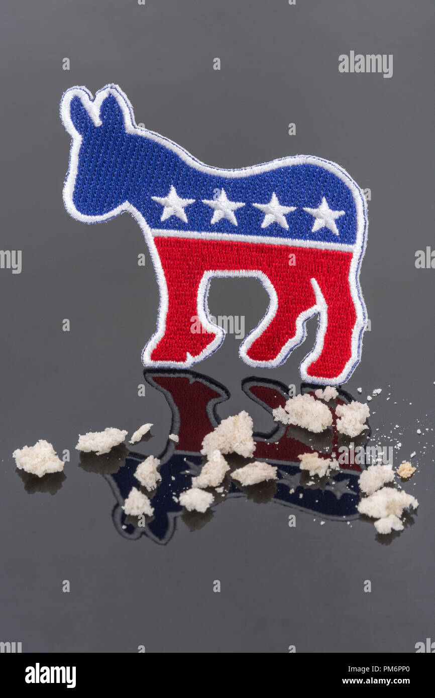 US Democrat donkey & breadcrumbs - in reference to Speaker Nancy Pelosi's comment on Trump employee bonuses being mere 'crumbs' & Jan 6th blame trail Stock Photo