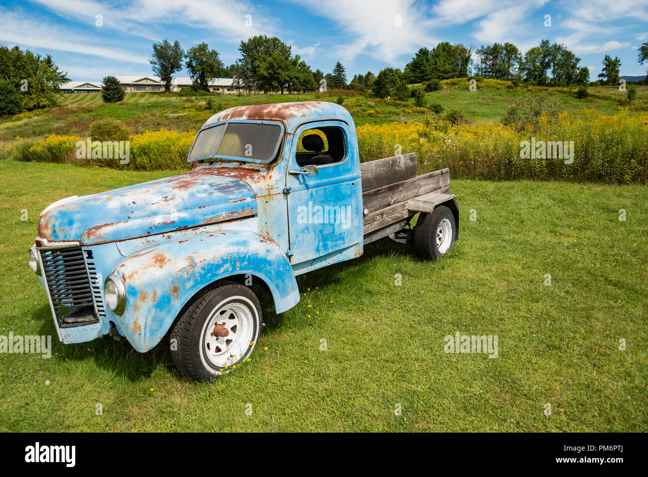 Old rusty blue truck abandoned ni a field in Stowe, Vermont USA Stock ...