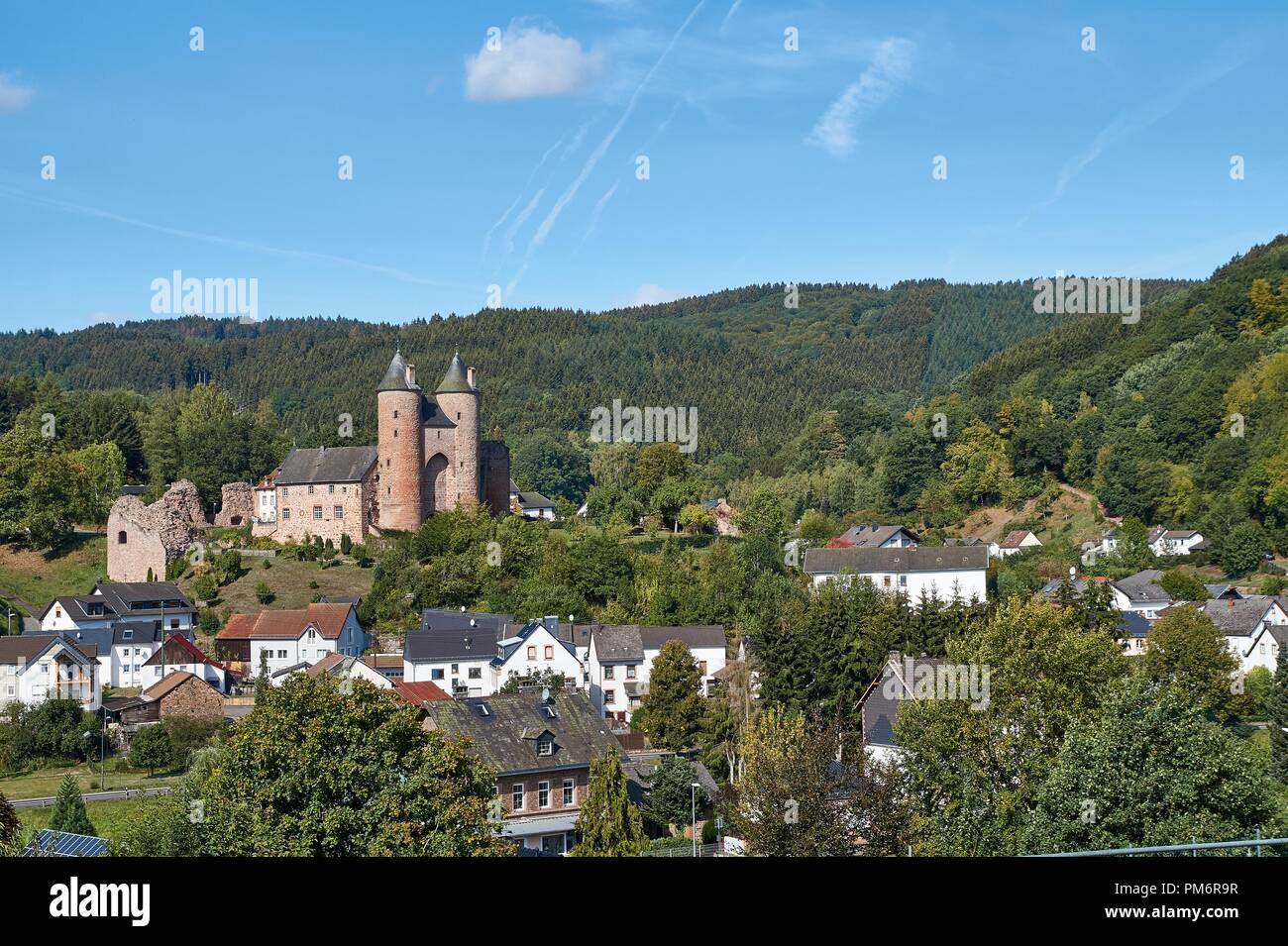 German landscape of a castle Bertradaburg in the Eifel at Gerolstein ...