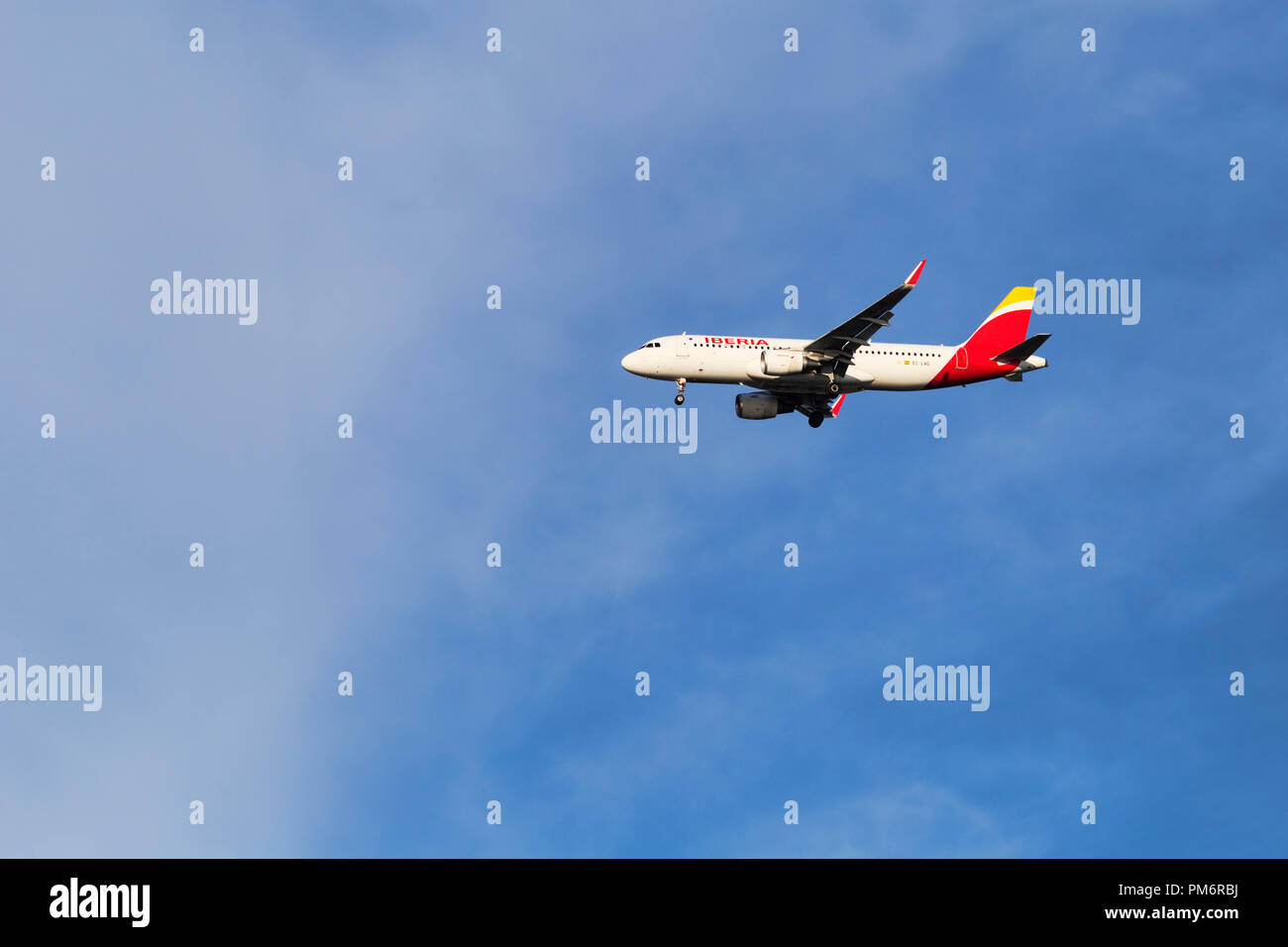 Fiumicino;Italy September 02; 2018 : A beautiful Iberia s airplane model Airbus A320 ready to landing in Fiumicino International Airport in a Rome s s Stock Photo