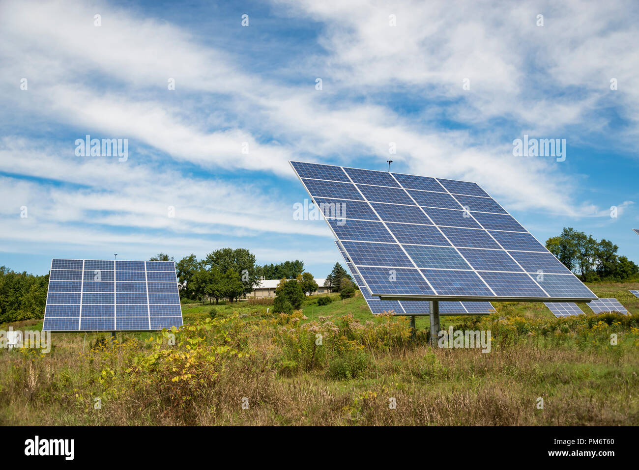 solar panel on sky background in an open field in the United States ...