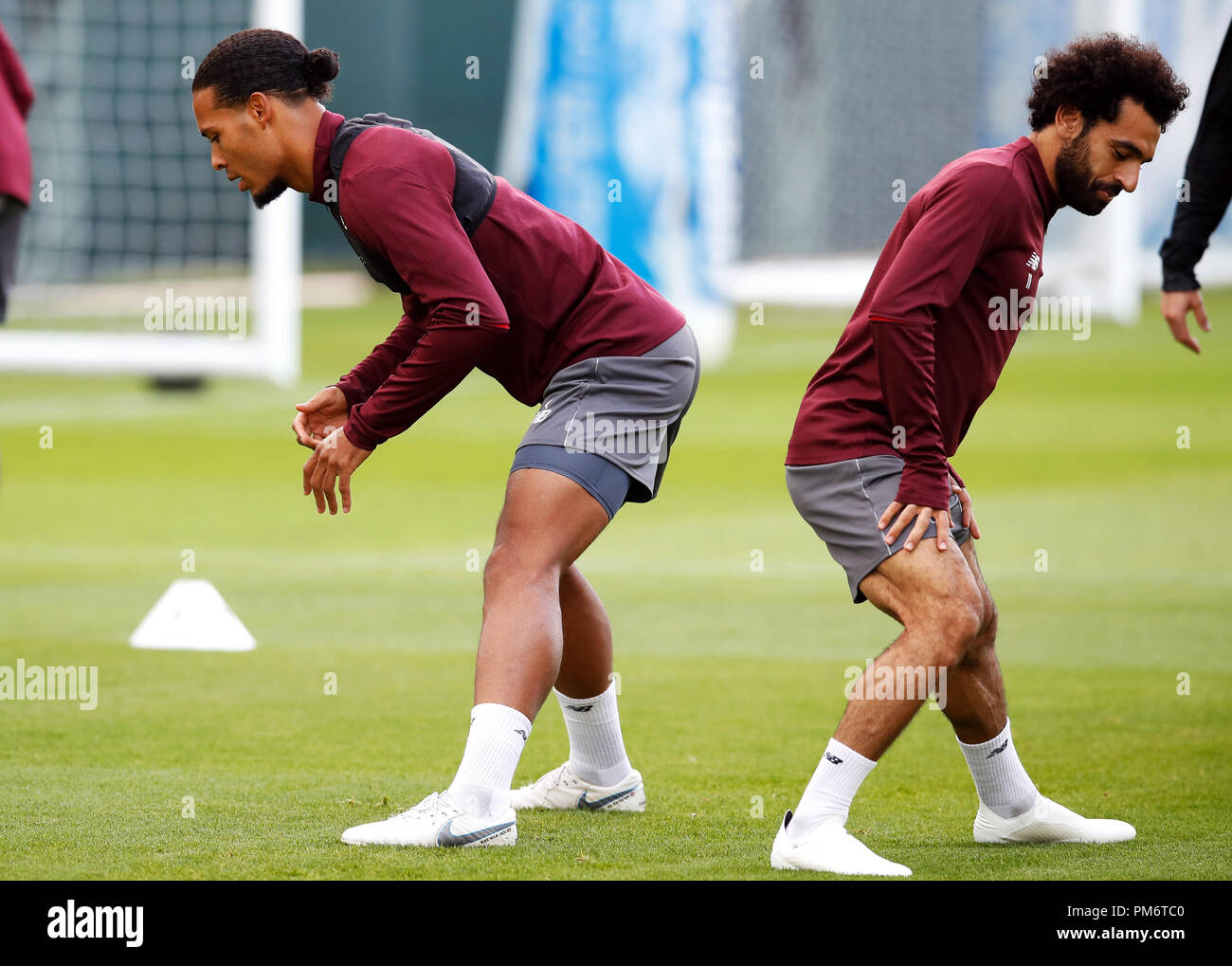 Liverpool S Virgil Van Dijk Left And Mohamed Salah During A Training Session At Melwood Training Ground Liverpool Stock Photo Alamy