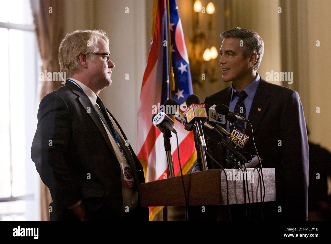 Philip Seymour Hoffman (left) and George Clooney star in Columbia Pictures' IDES OF MARCH. Stock Photo