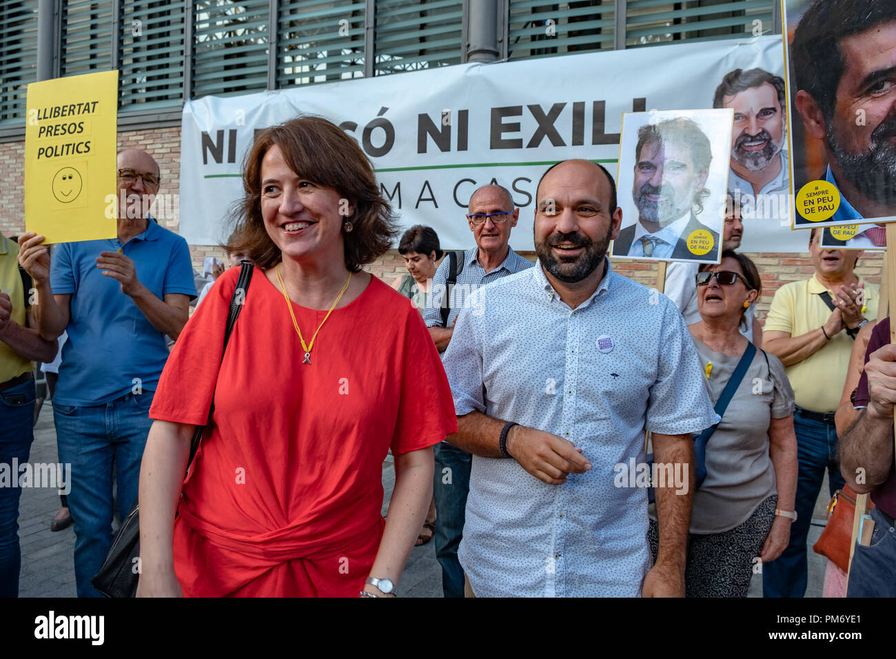Elisenda Paluzie, President of Assemblea and Marcel Mauri, President of Òmnium during a demonstration convened by the main sovereign entities of Catalonia, Assemblea and Òmnium, independent supporters sent letters to Catalan political prisoners as a way of reminding the public of their plight. Stock Photo