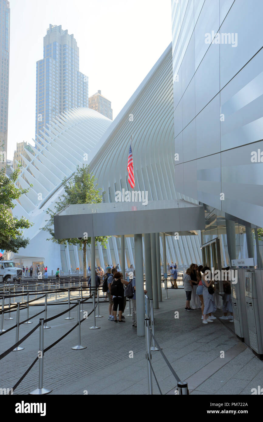The entrance of National 9/11 Museum & Memorial with the Oculus in the  background.New York City.USA Stock Photo - Alamy
