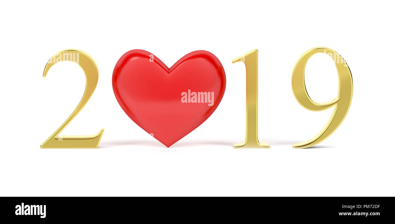 Happy New Year 19 With Red Heart And Golden Numbers Stock Photo Alamy