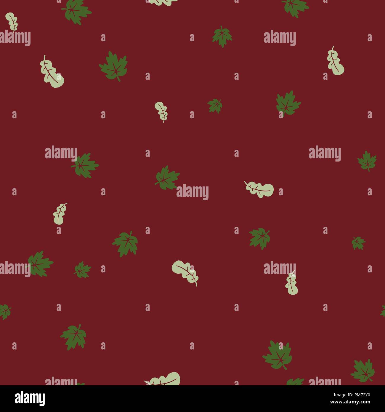 Maple and oak leaf green pattern seamless. Vector illustration. Red background. Stock Vector