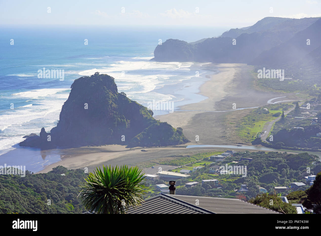 View of the black sand Piha Beach near Auckland in the North Island, New Zealand Stock Photo Alamy