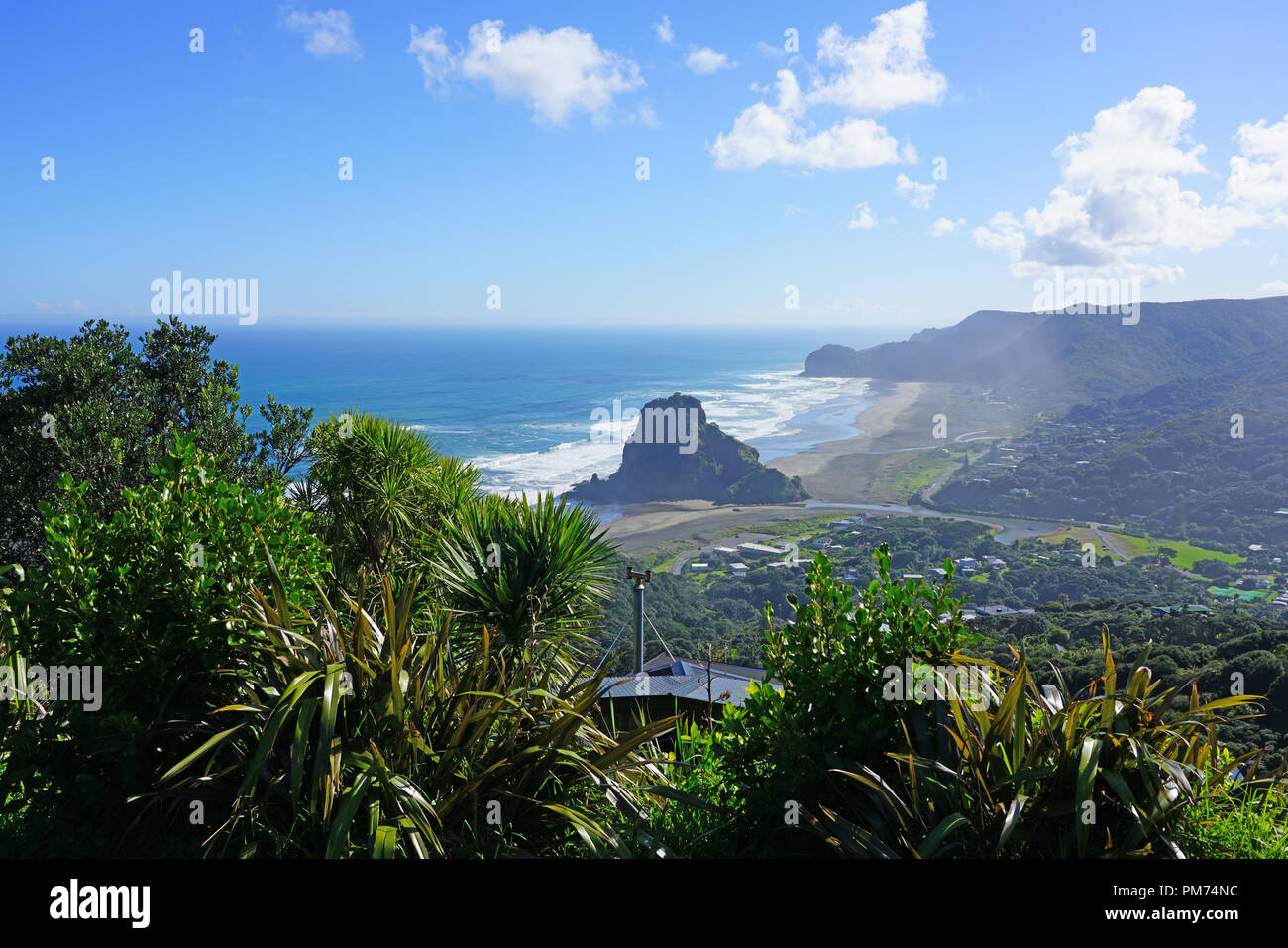 View of the black sand Piha Beach near Auckland in the North Island, New Zealand Stock Photo Alamy