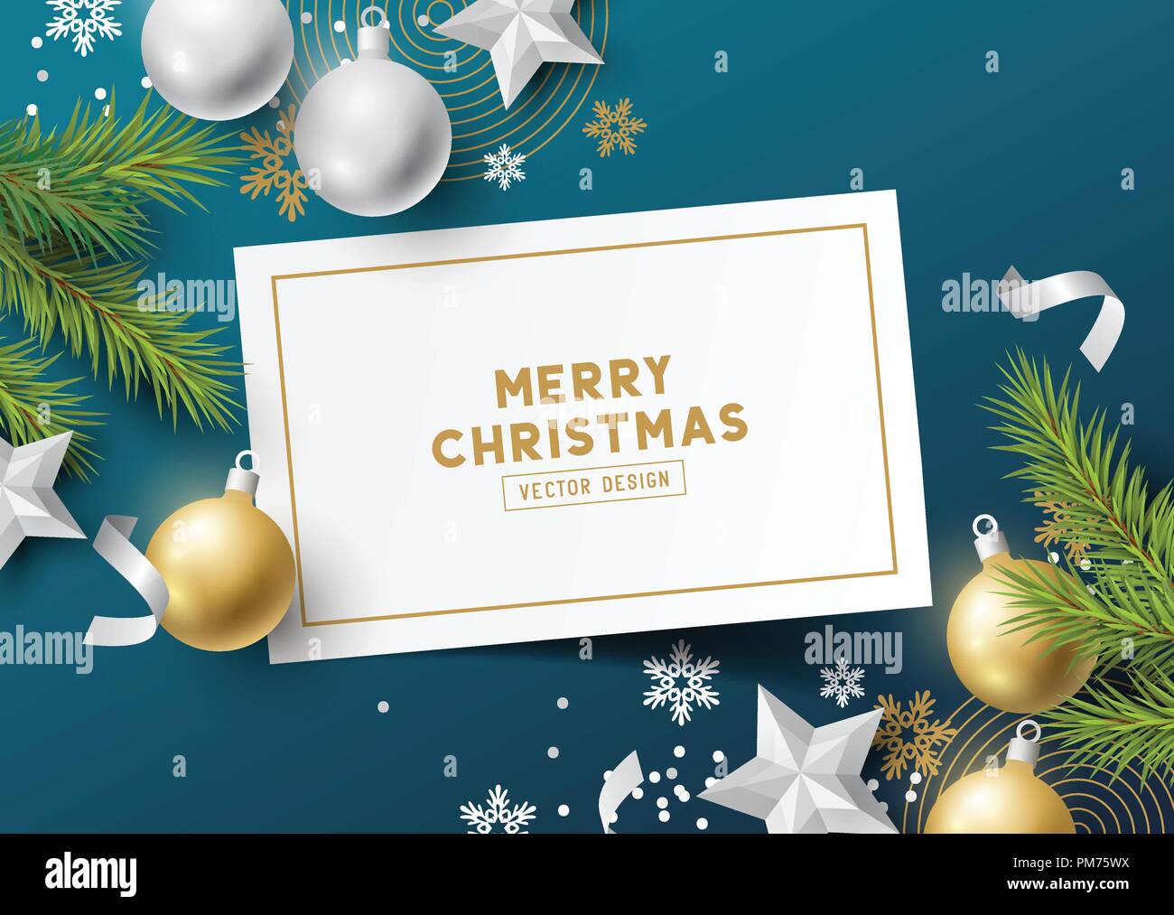 Festive Christmas Composition with fir branches, christmas baubles and snowflakes on a colorful background. Top view vector illustration. Stock Vector