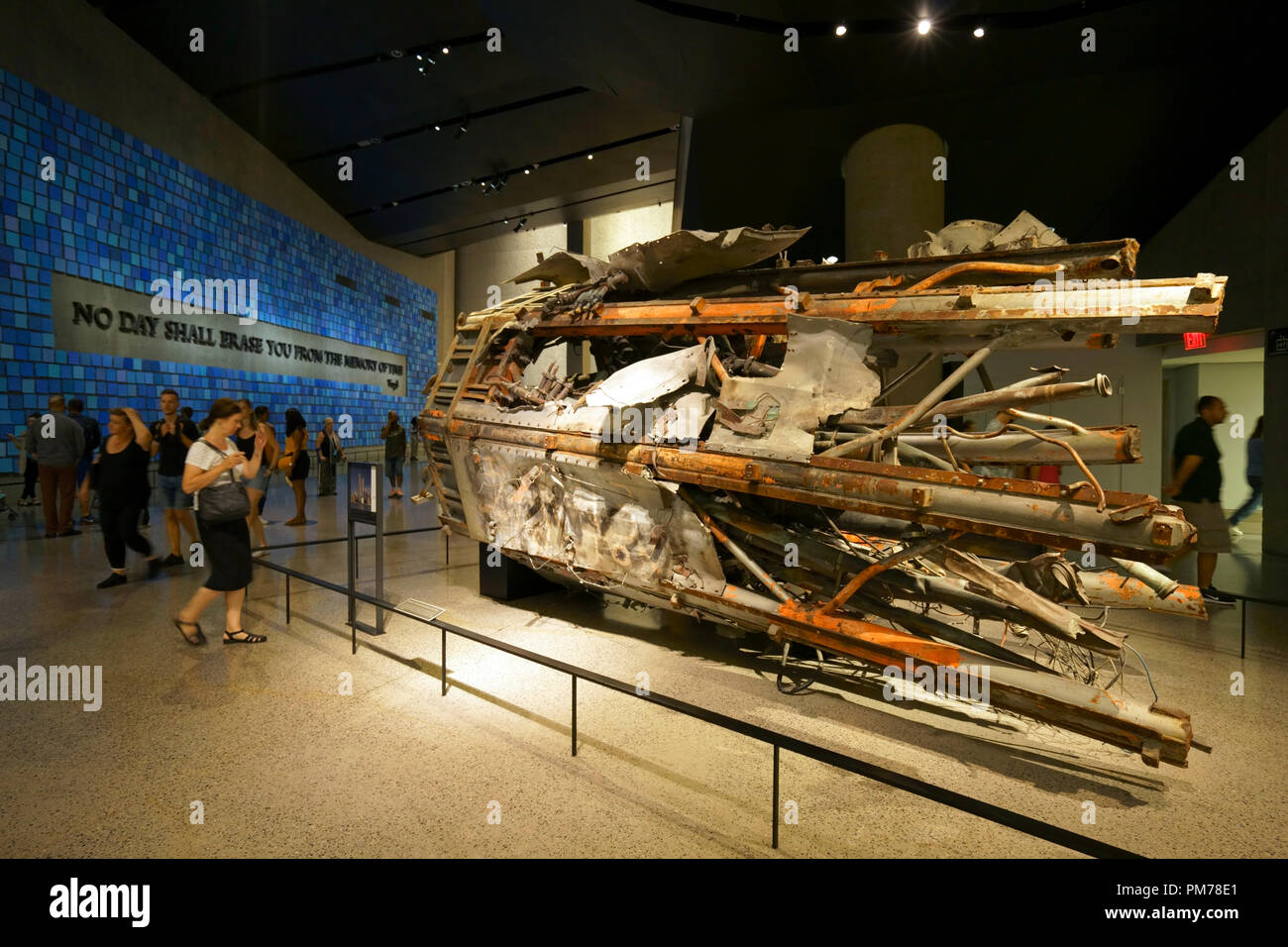 The wreckage of the communications antenna of the North Tower of World Trade Center on display in the 9/11 Memorial Museum, New York City.USA Stock Photo