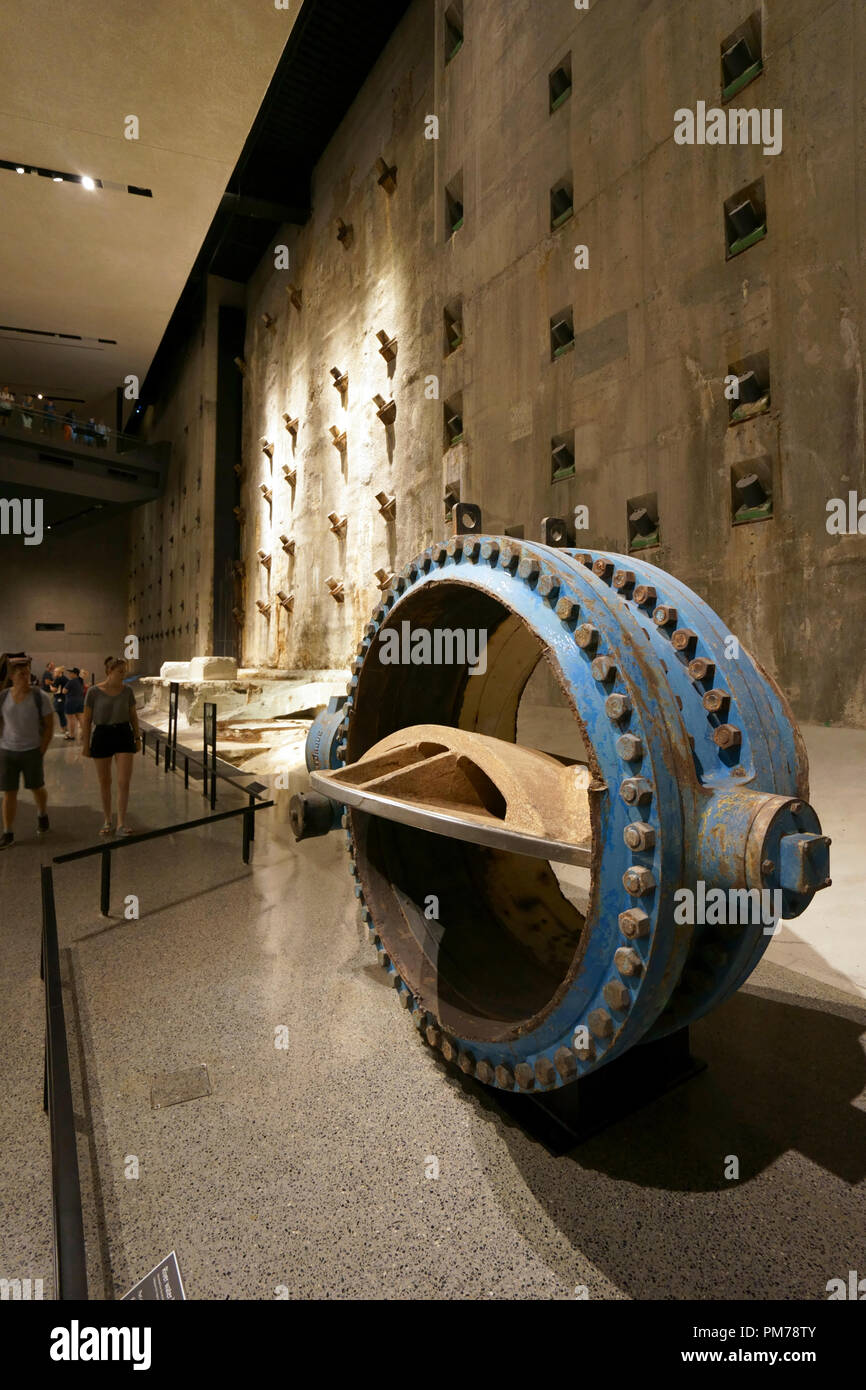 Recovered steel river water valve for Twin Towers display in National 9/11 Memorial & Museum.New York City.USA Stock Photo