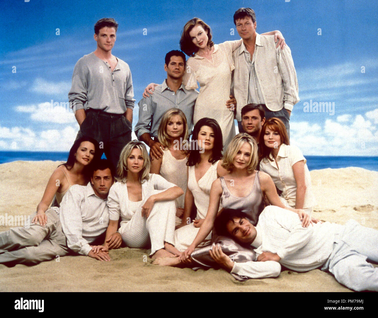 Film Still from 'Melrose Place' Daphne Zuniga, Courtney Thorne-Smith, Heather Locklear, Andrew Shue, Kristin Davis, Doug Savant, Thomas Calabro, Marcia Cross, Jack Wagner, Grant Show, Laura Leighton, Patrick Muldoon, 1996. Photo Credit: Mathew Rolston  File Reference # 31042392THA  For Editorial Use Only - All Rights Reserved Stock Photo