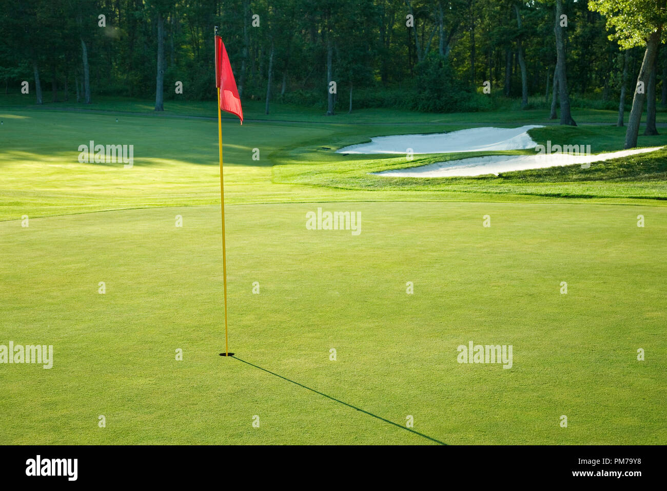 Golf green with red flag bordered by white sand traps and trees in late afternoon sun Stock Photo