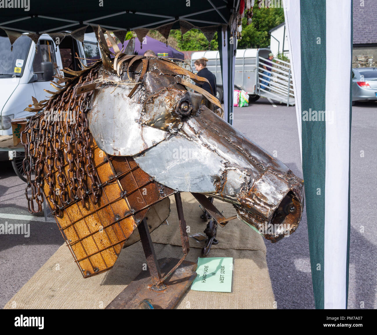 horses head made from pieces of metal sheet and chains Stock Photo