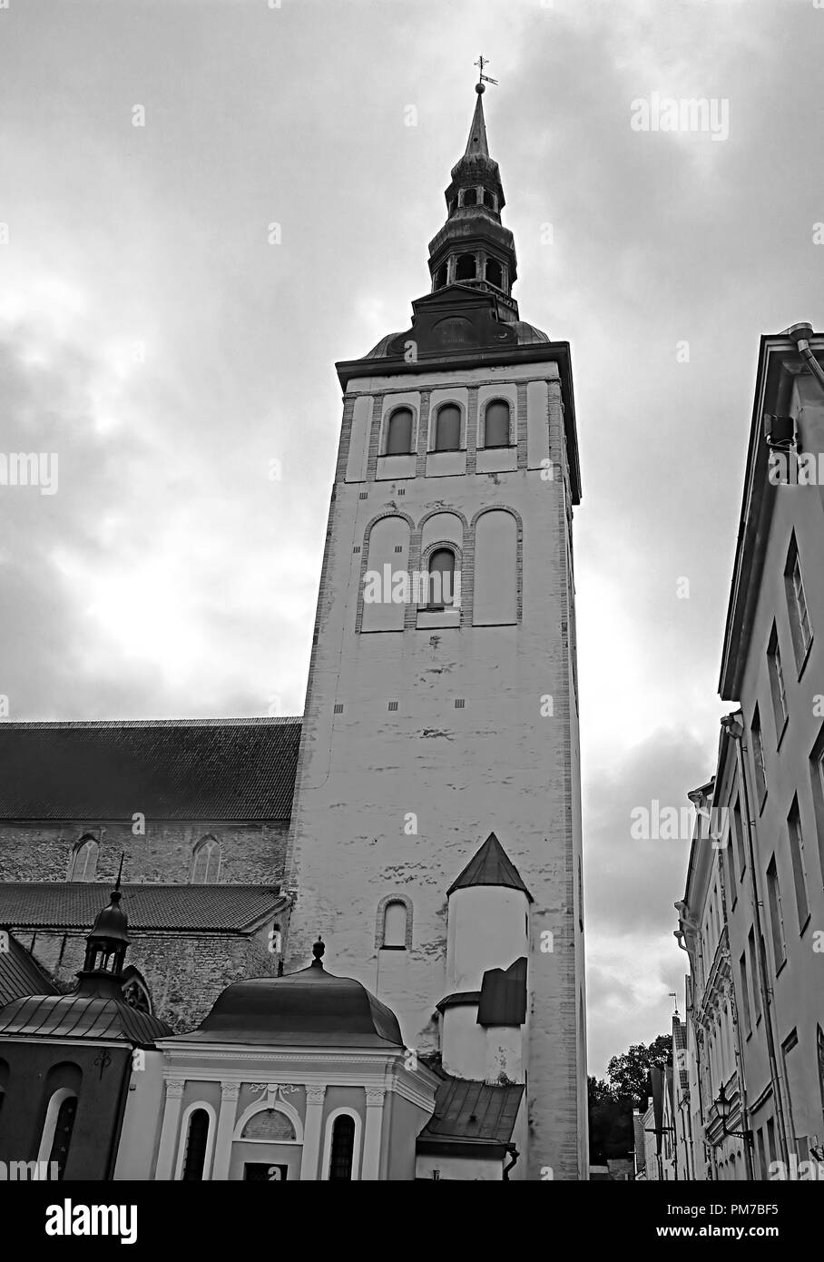 The Church of St. Nicholas in Tallinn, Estonia. Black and white filter Stock Photo