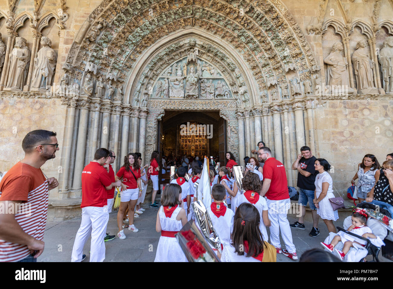 Children day in the tympanum of the Iglesia de Santa María la Real in the Palacio Real, Palace of the Kings of Navarre of Olite, Olite, Navarra, Spain Stock Photo