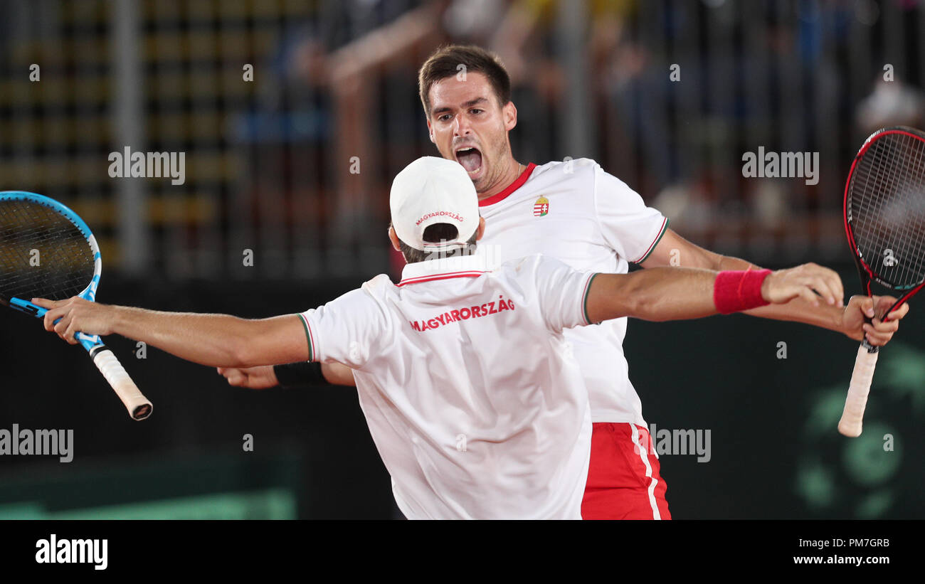 Hungarian tennis players Gabor Borsos and Peter Nagy are seen during the  Davis Cup, world group, play-off, match Hungary vs Czech Republic, in  Budapes Stock Photo - Alamy