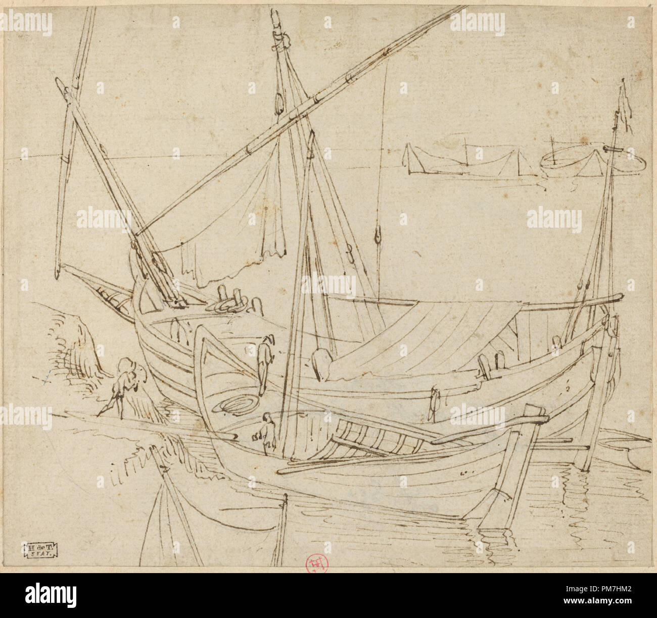 Boats. Dimensions: Overall (approximate): 15.4 x 17.7 cm (6 1/16 x 6 15/16 in.)  support: 21.8 x 20.5 cm (8 9/16 x 8 1/16 in.). Medium: pen an brown ink on laid paper. Museum: National Gallery of Art, Washington DC. Author: Follower of Agostino Tassi. Stock Photo