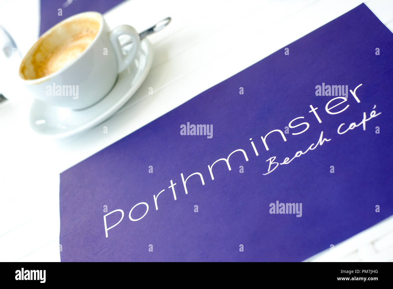 Coffe Cup on table at Porthminster Beach Cafe in St Ives, Cornwall Stock Photo