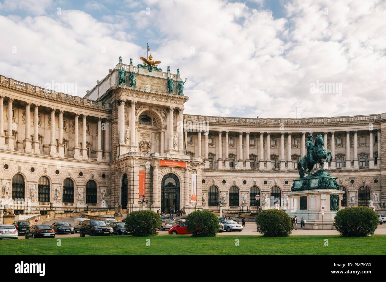 Vienna, Austria - 1 October, 2017: Monument of Prince Eugene of Savoy in front of Neue Burg or New Castle of Hofburg Palace, Vienna Stock Photo