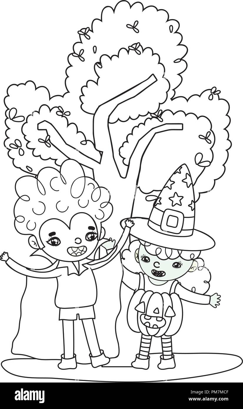 outline vampire boy and pumpkin girl costumes Stock Vector