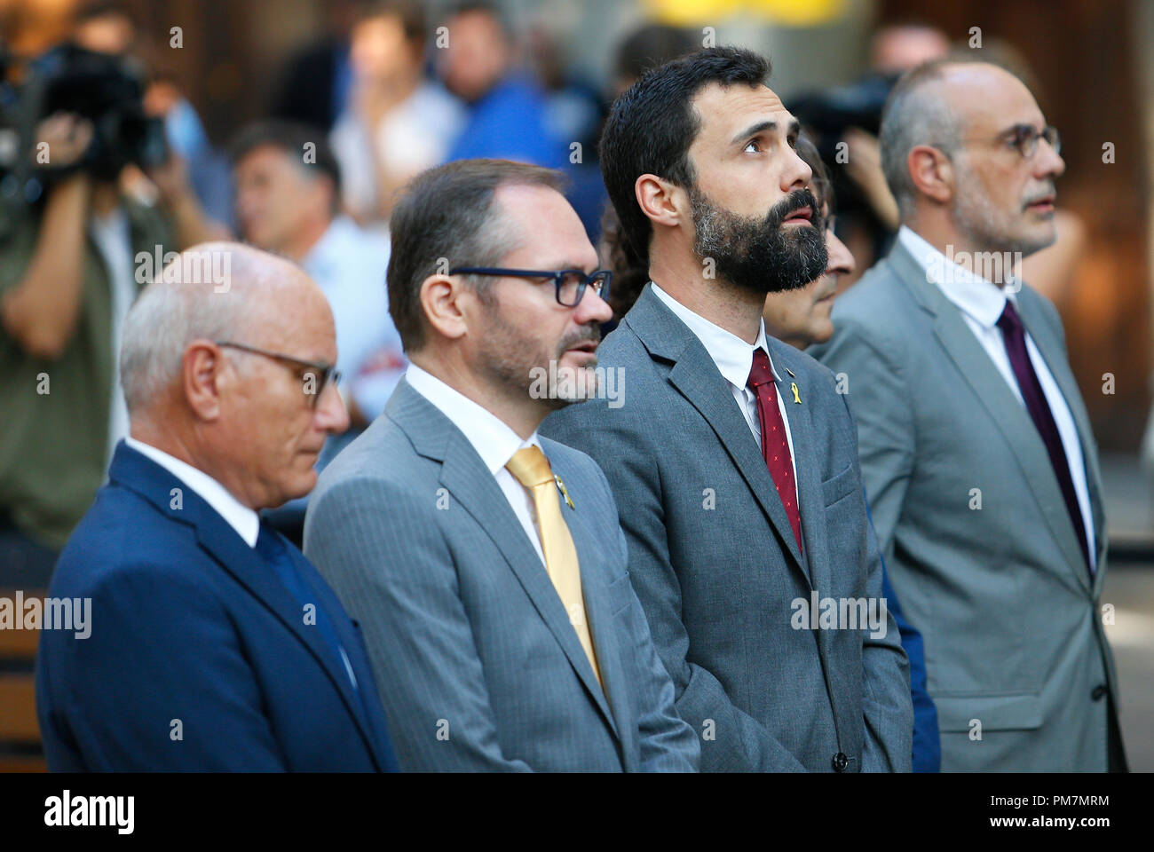Roger Torrent, President of Catalan Parlament, gestures during the celebrations in Barcelona of their Diada, a yearly Catalan Nationalism celebration Stock Photo